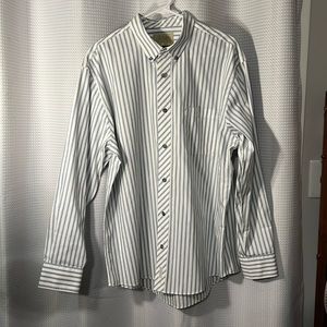 Cabela’s~Mens Large~Button down long sleeve white with blue pinstripes